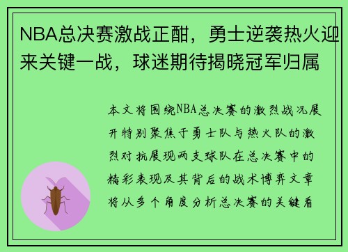 NBA总决赛激战正酣，勇士逆袭热火迎来关键一战，球迷期待揭晓冠军归属