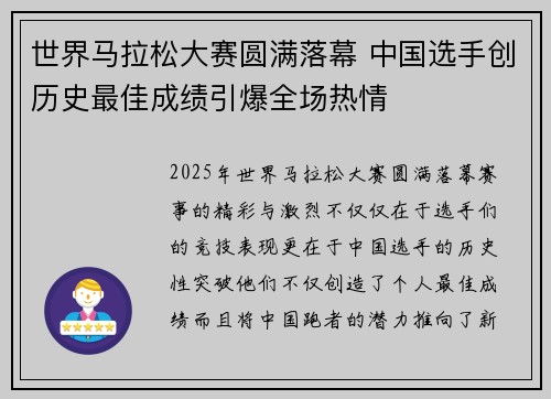世界马拉松大赛圆满落幕 中国选手创历史最佳成绩引爆全场热情 世界马拉松大赛圆满落幕 中国选手创历史最佳成绩引爆全场热情